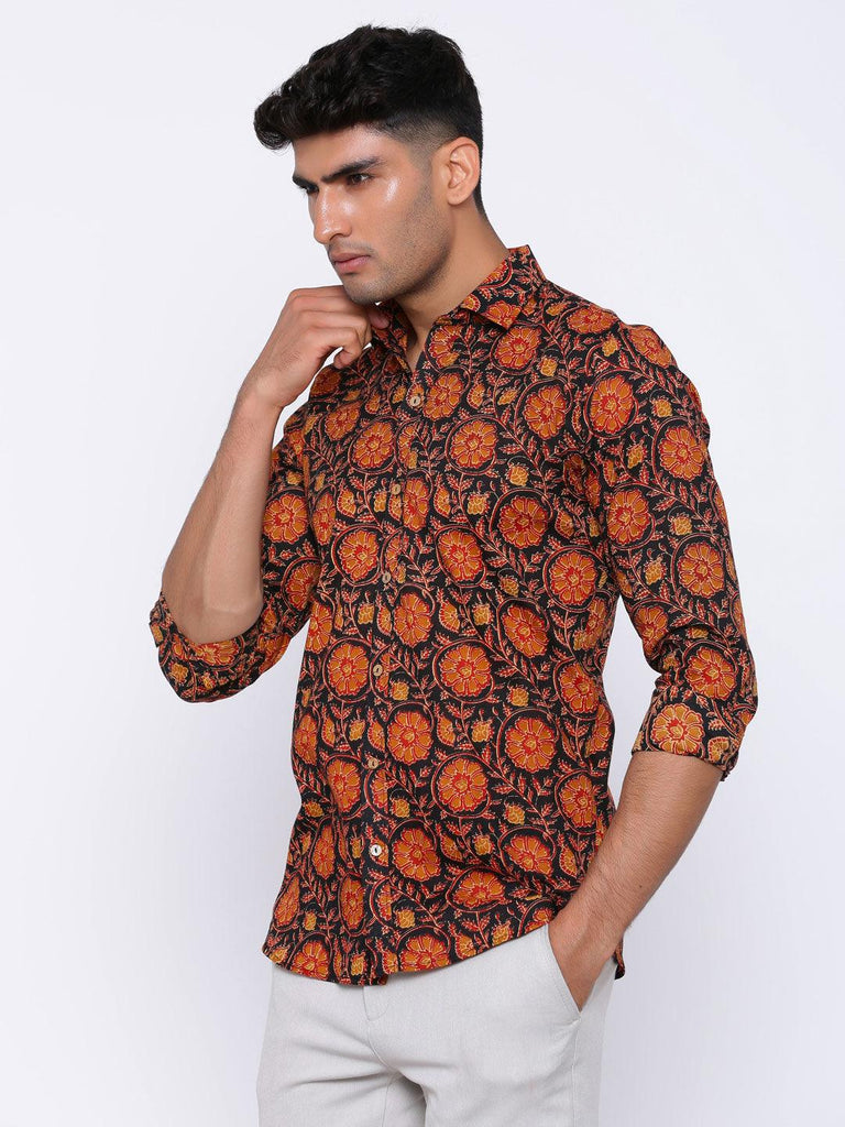 Black and Orange Printed Cotton Shirt - Tistabene