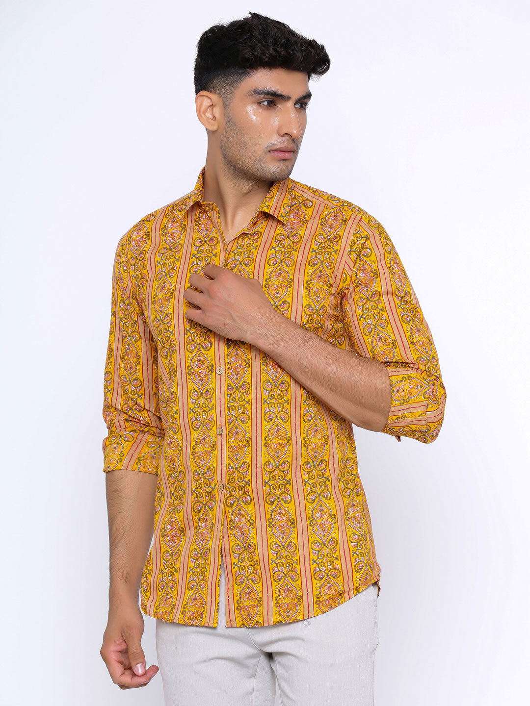 yellow printed shirt