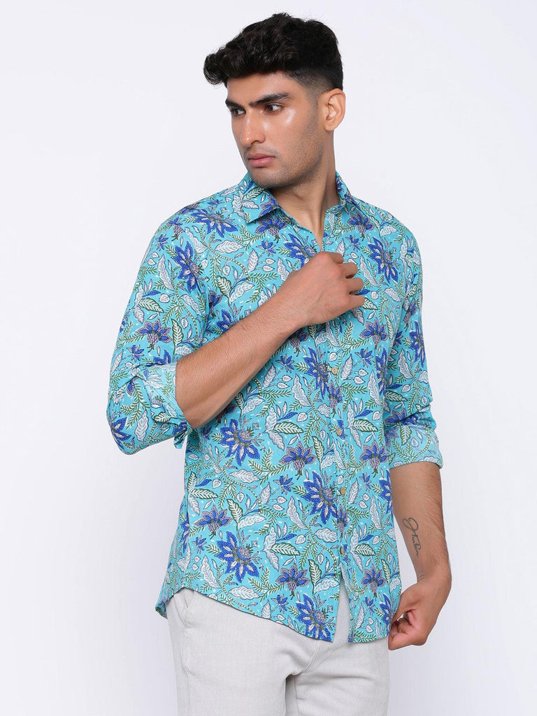 Light Blue Blooming Printed Cotton Shirt - Tistabene