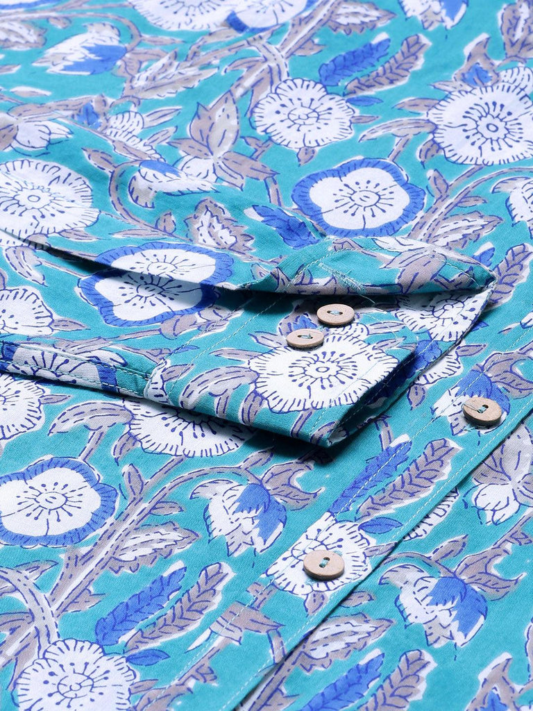 Blue Bloomy Printed Cotton Shirt - Tistabene