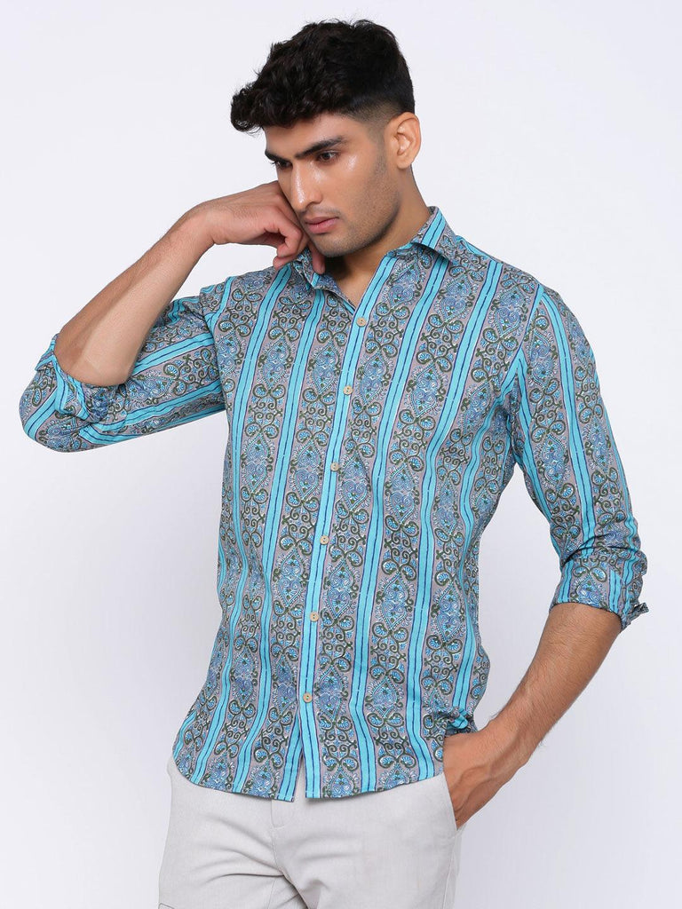 Blue Motifs and Striped Printed Cotton Shirt - Tistabene