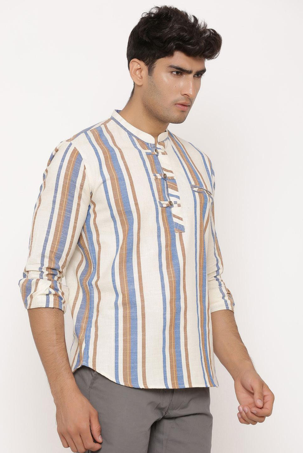 Khaki Rain Stripe Kurta Shirt - Tistabene