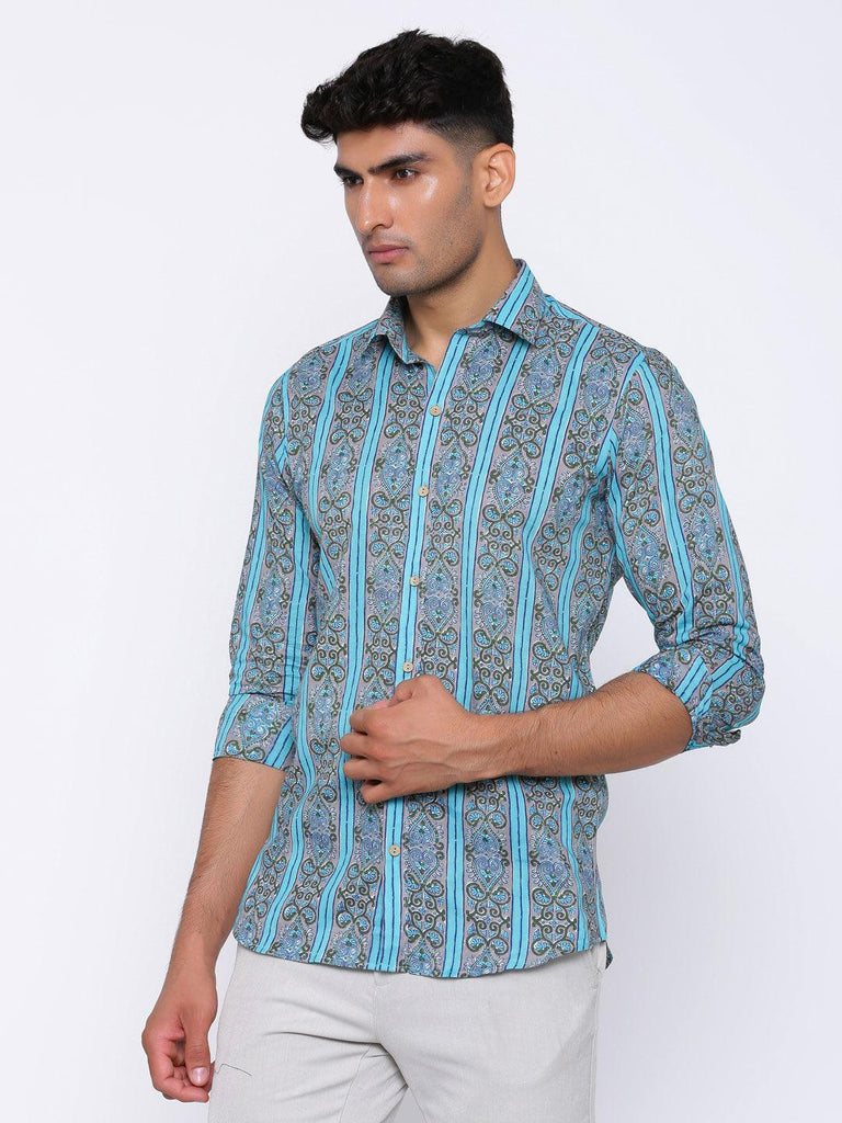 Blue Motifs and Striped Printed Cotton Shirt - Tistabene