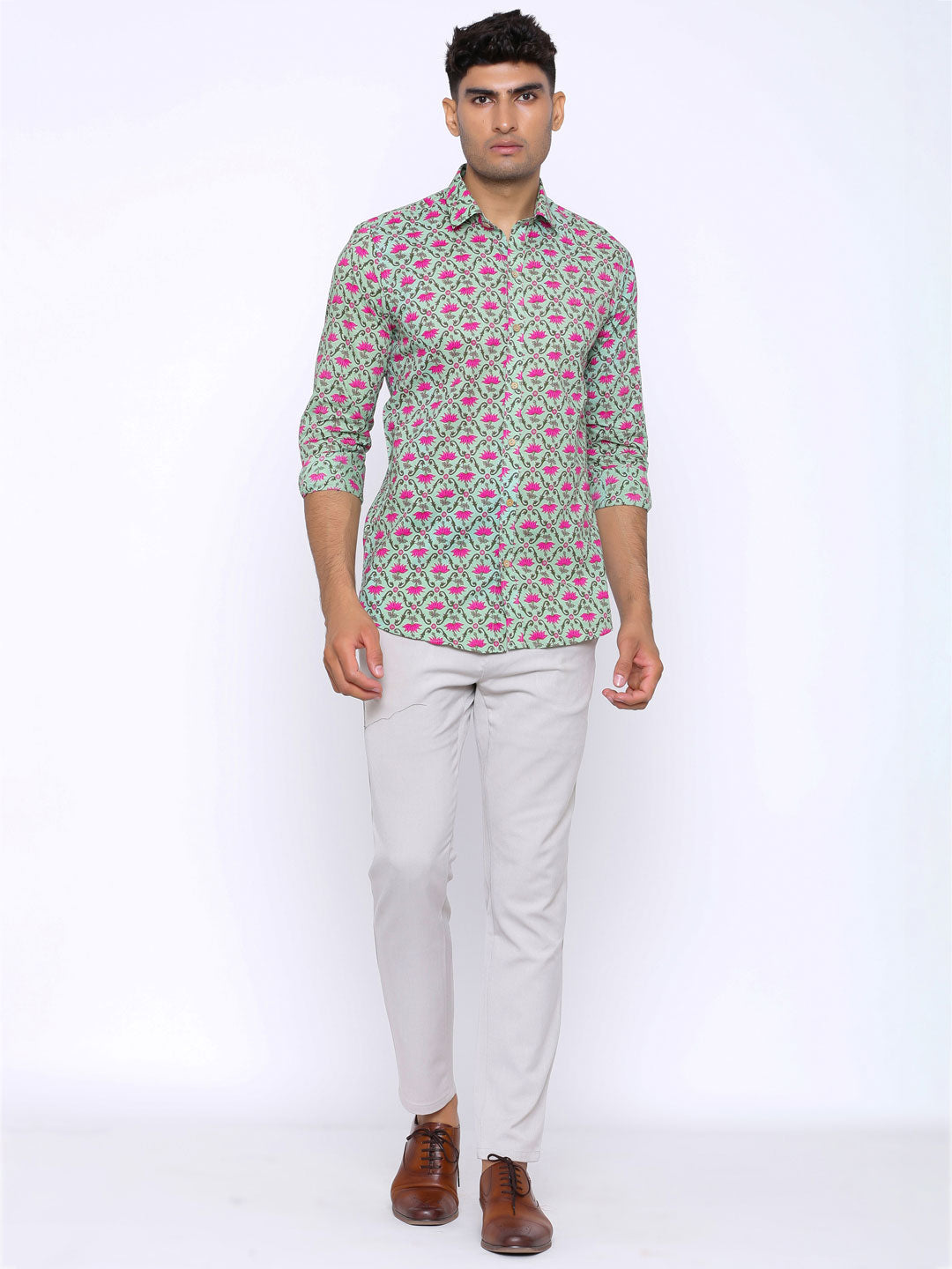 Sea Green and Pink Floral Printed Cotton Shirt