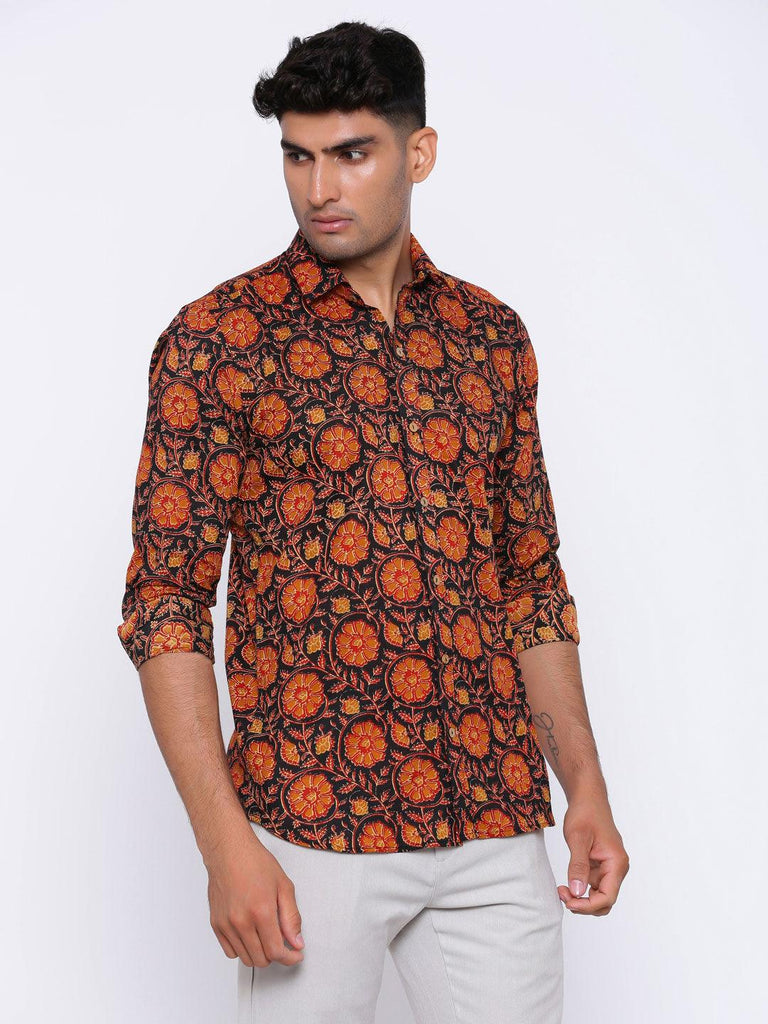 Black and Orange Printed Cotton Shirt - Tistabene