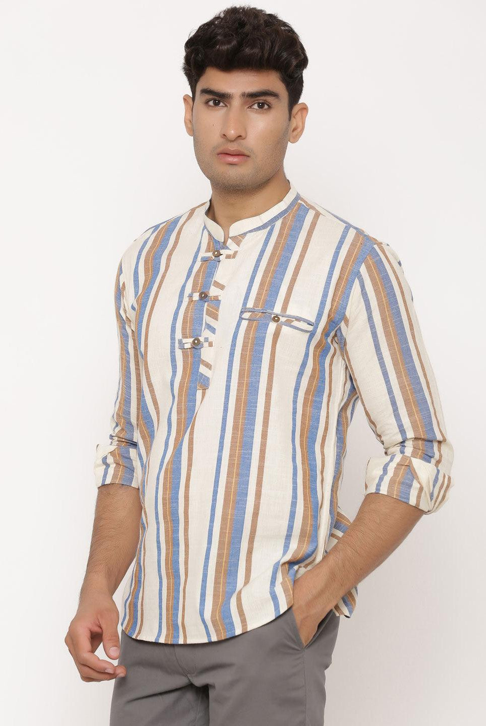 Khaki Rain Stripe Kurta Shirt - Tistabene