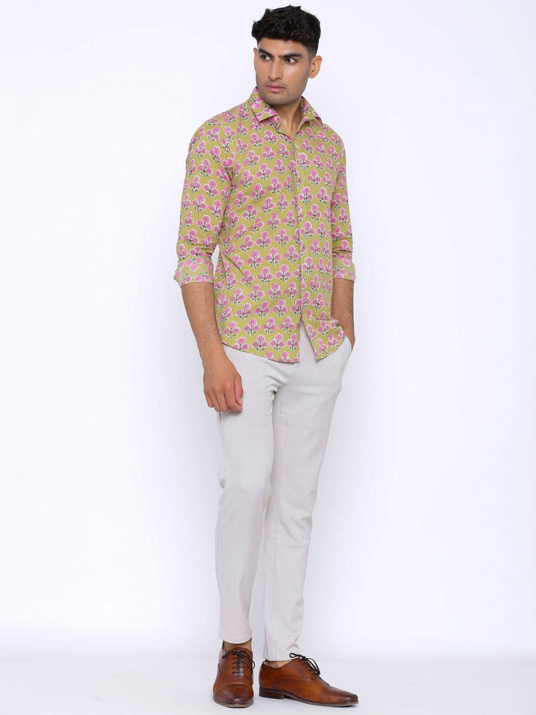 Green and Pink Blooming Printed Cotton Shirt - Tistabene