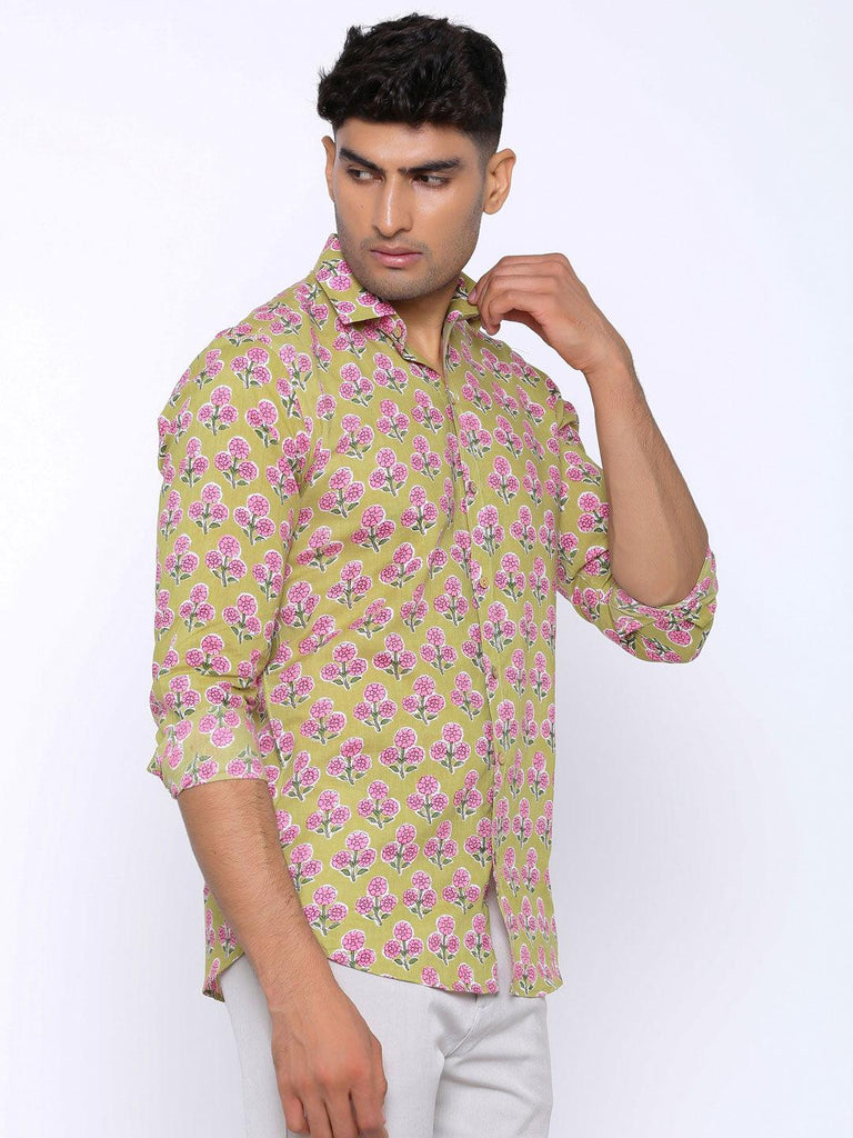Green and Pink Blooming Printed Cotton Shirt - Tistabene
