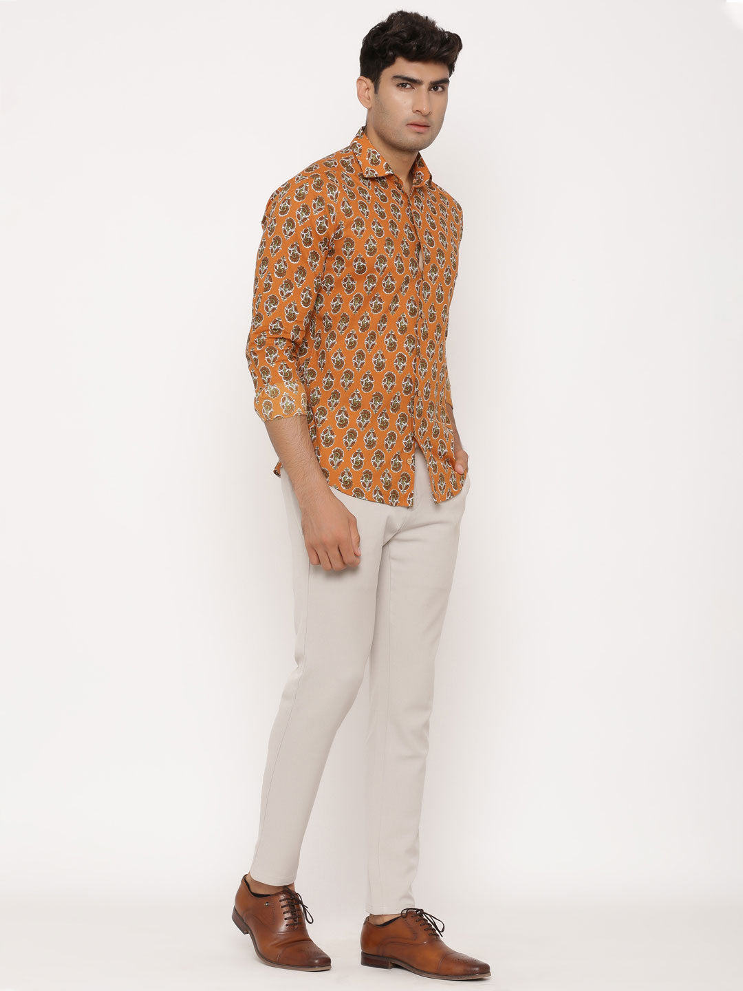 Orange Flower Printed Cotton Shirt