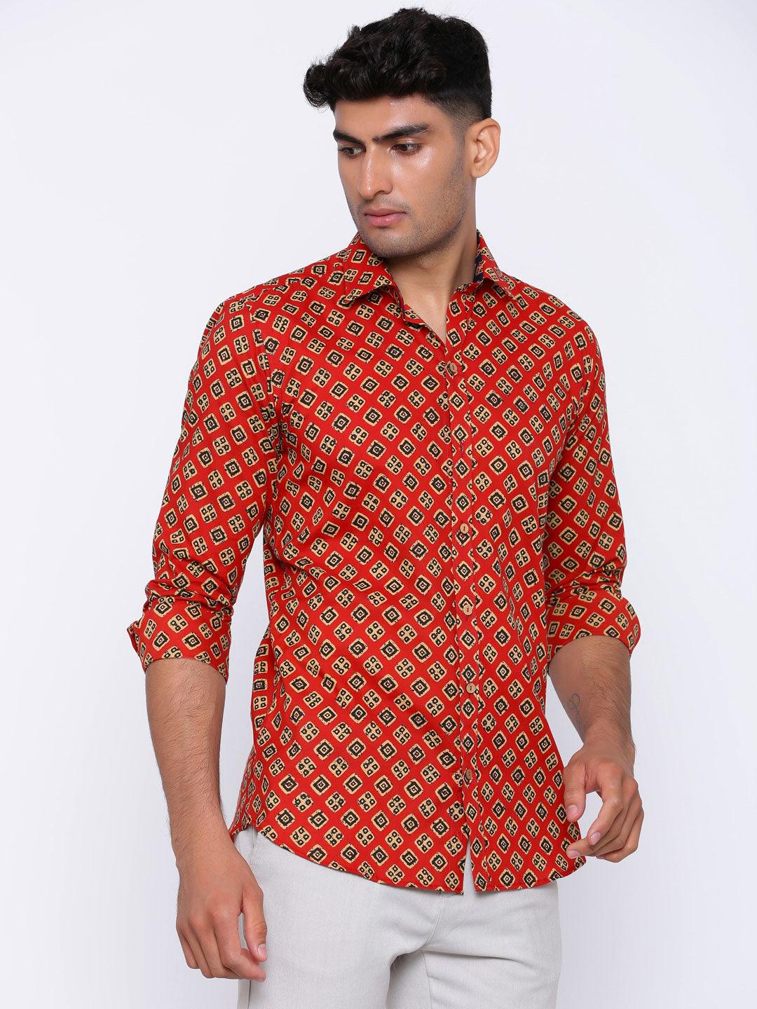 Red Abstract Printed Cotton Shirt - Tistabene