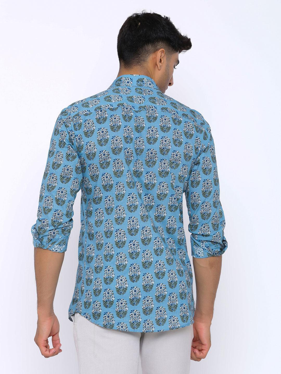 Blue Floral Cotton Printed Shirt - Tistabene