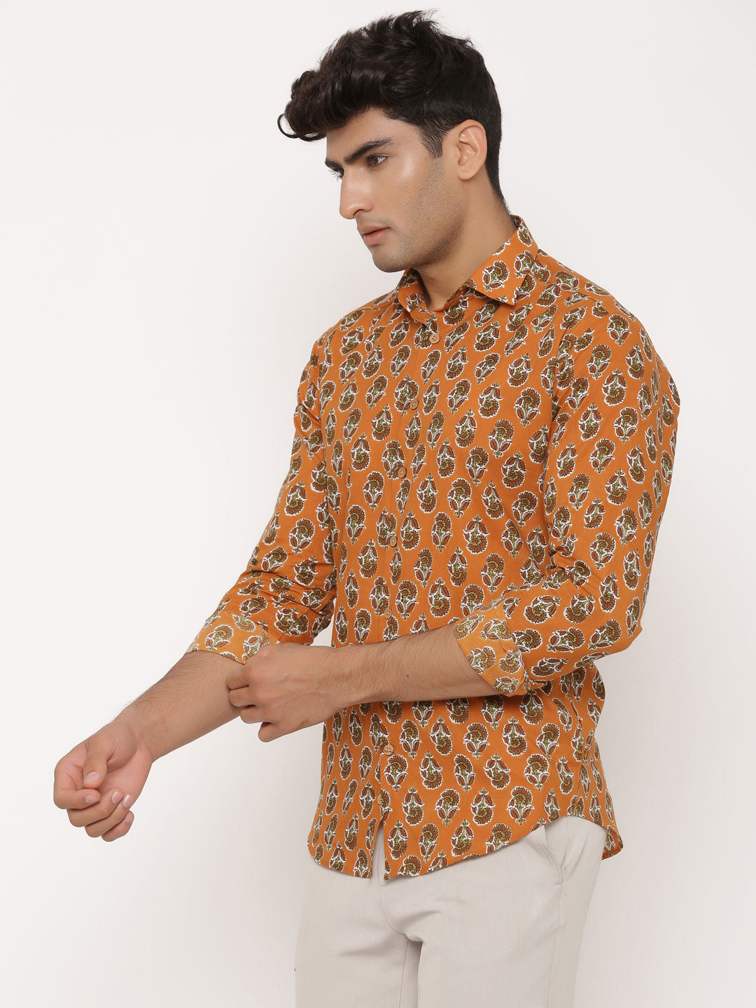 Orange Flower Printed Cotton Shirt
