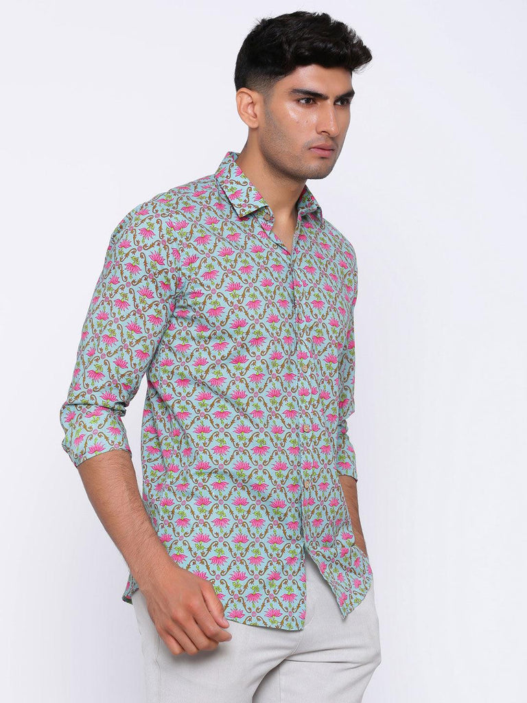 Blue and Pink Printed Cotton Shirt - Tistabene