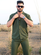 Military Green Half Sleeves Poly Crepe Co-ord Set - Tistabene