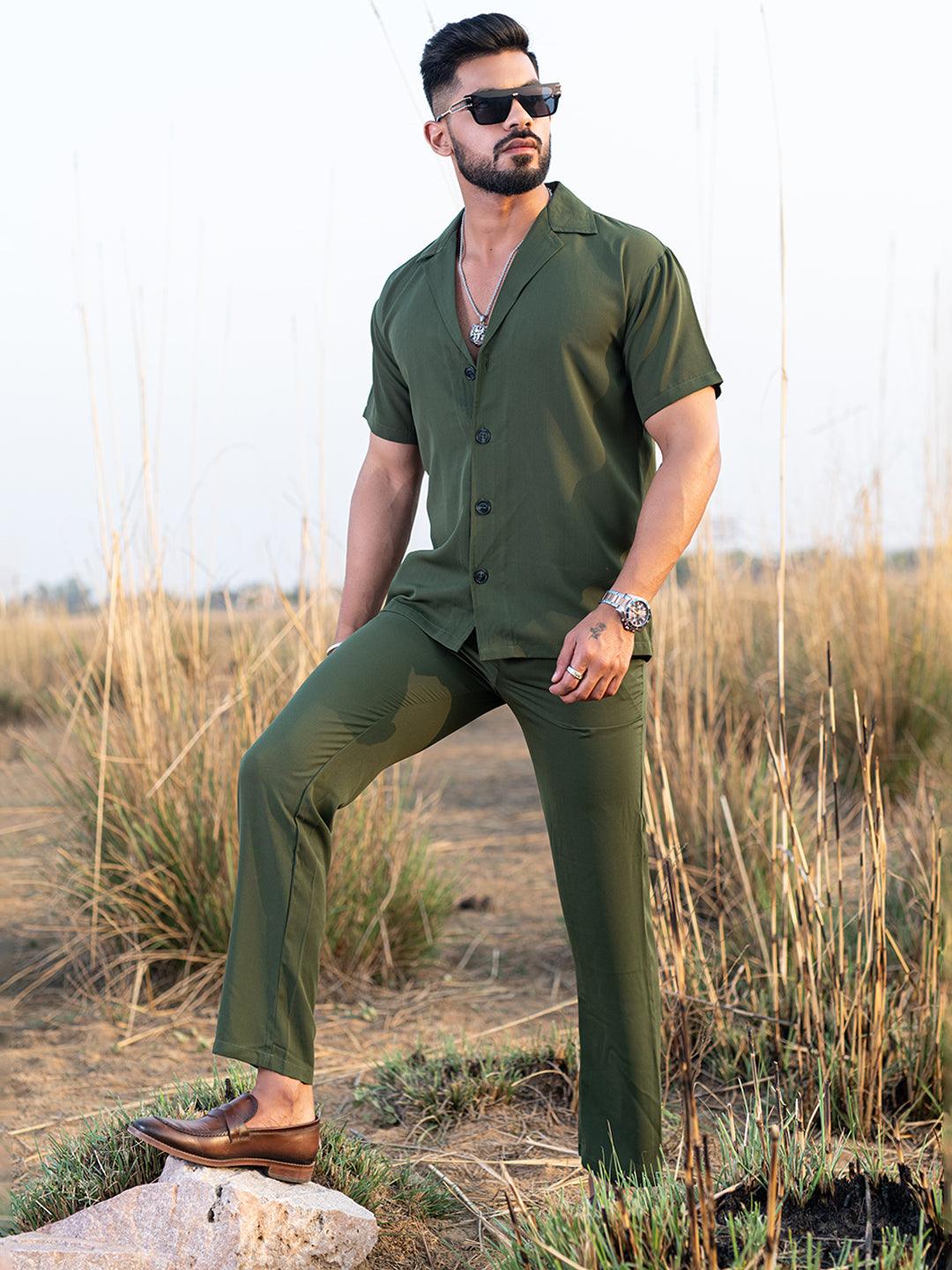 Military Green Half Sleeves Poly Crepe Co-ord Set - Tistabene