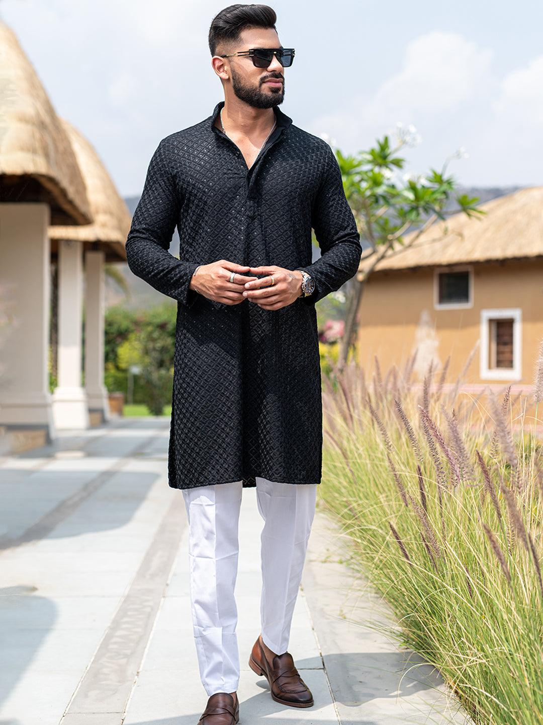 Buy Black Floral Embroidered Cotton Men's Kurta Online Tistabene