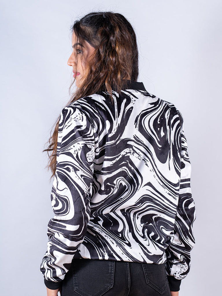 Black & White Marble Printed Velvet Jacket - Tistabene