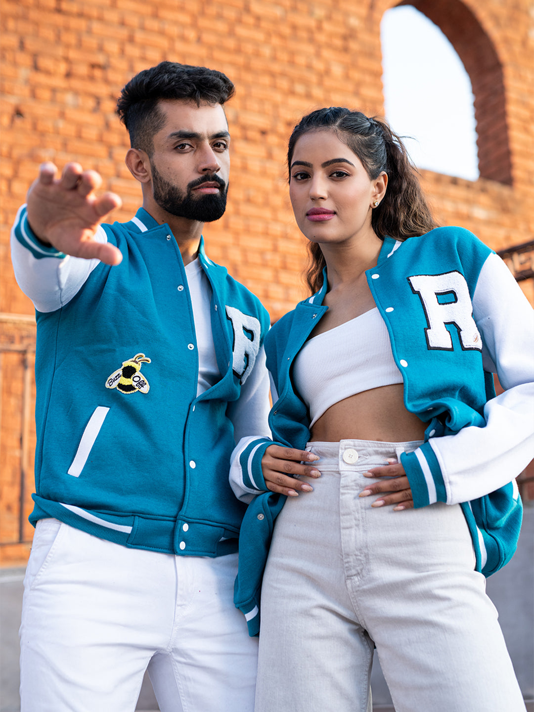 Teal Blue Buzz Off Varsity Jacket For Women
