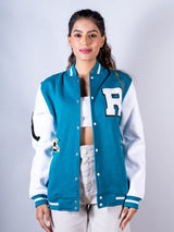 Teal Blue Buzz Off Varsity Jacket For Women