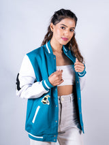 Teal Blue Buzz Off Varsity Jacket For Women