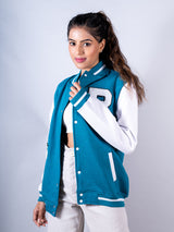 Teal Blue Buzz Off Varsity Jacket For Women