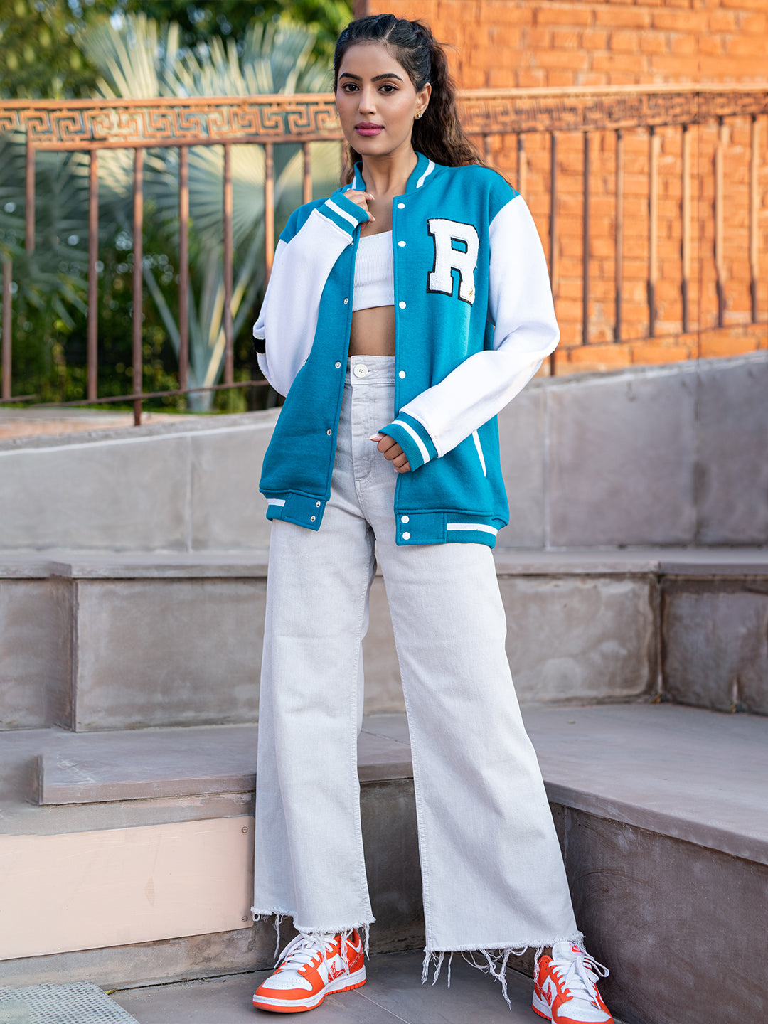 Teal Blue Buzz Off Varsity Jacket For Women