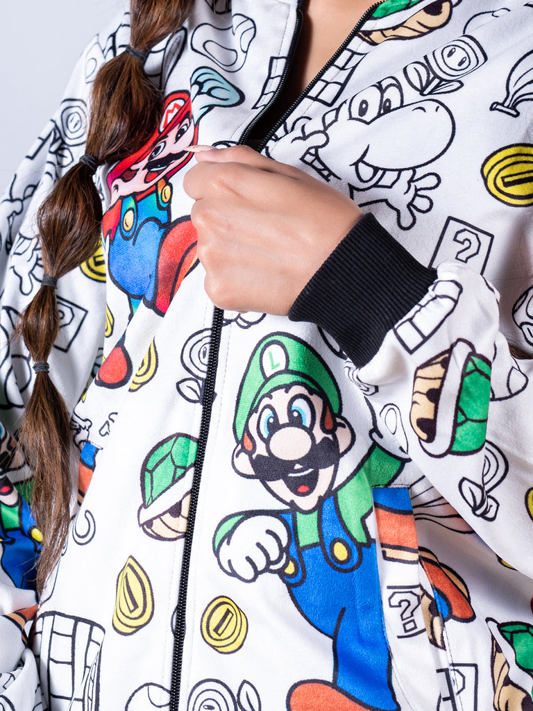 White Super Mario Printed Velvet Jacket - Tistabene