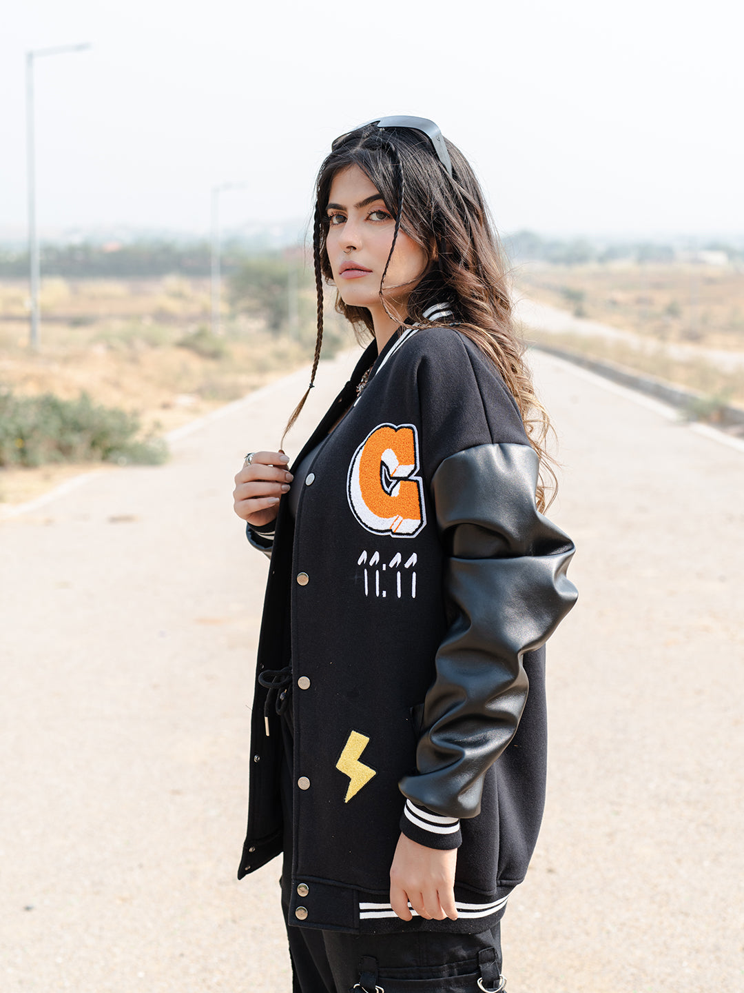 Buy Black G With Leather Sleeves Varsity Jacket For Women Online