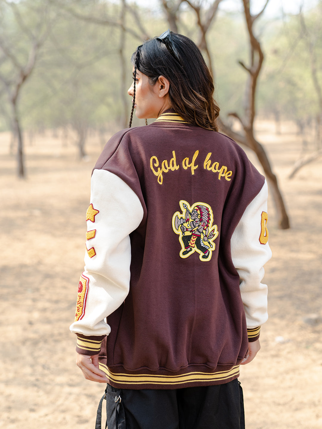Buy Brown God Of Hope Printed Varsity Jacket For Women Online 