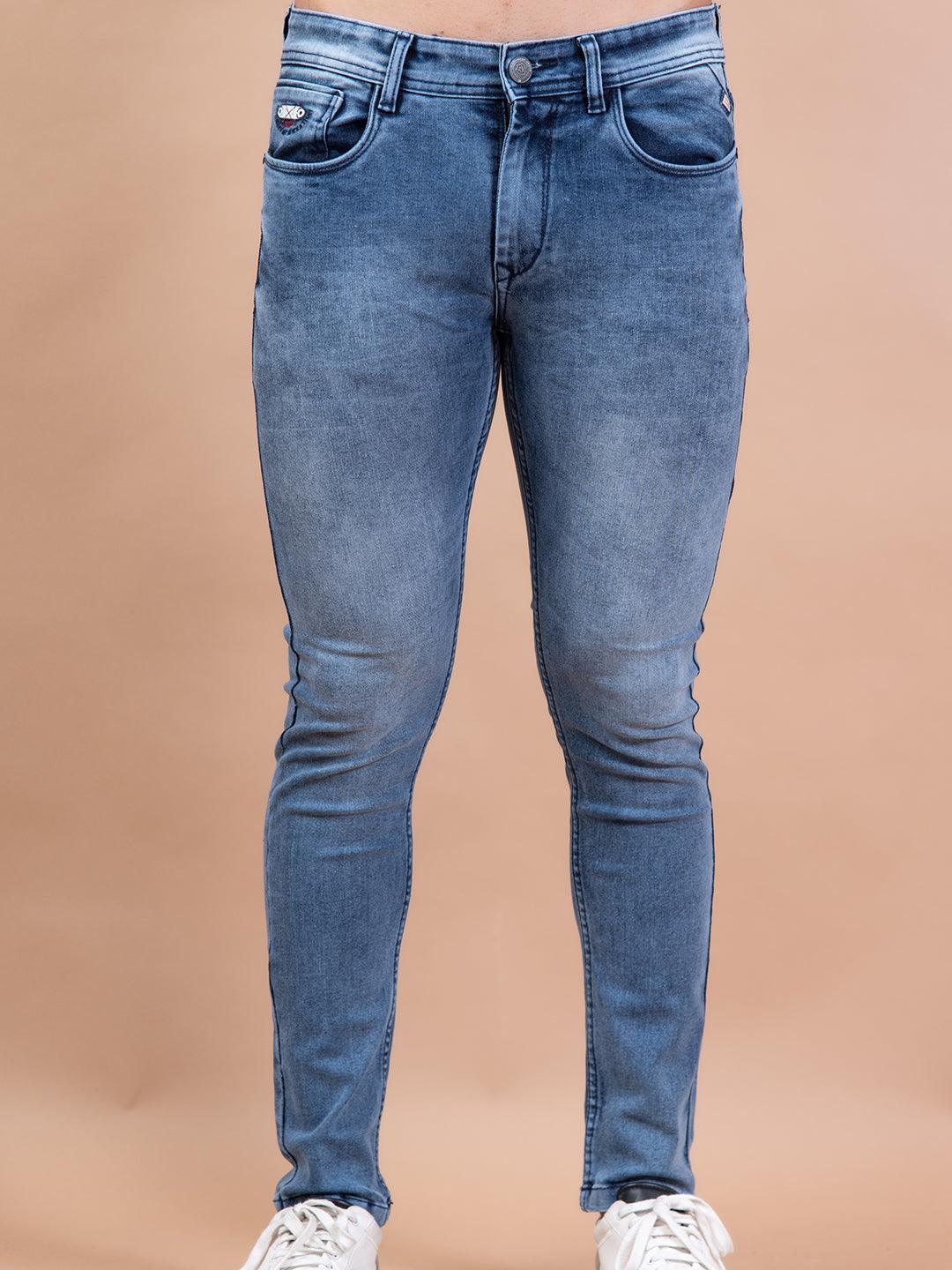 feded blue ankle length stretchable mens jeans