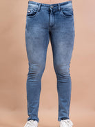 feded blue ankle length stretchable mens jeans