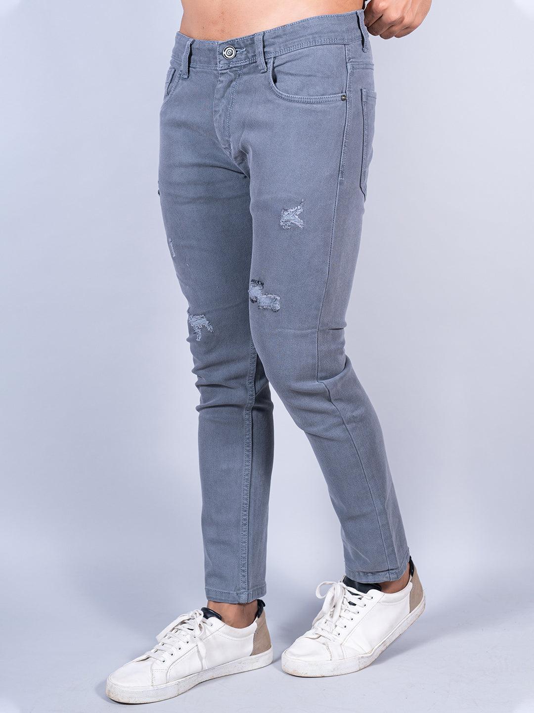 dark grey distressed loose ankle mens jeans