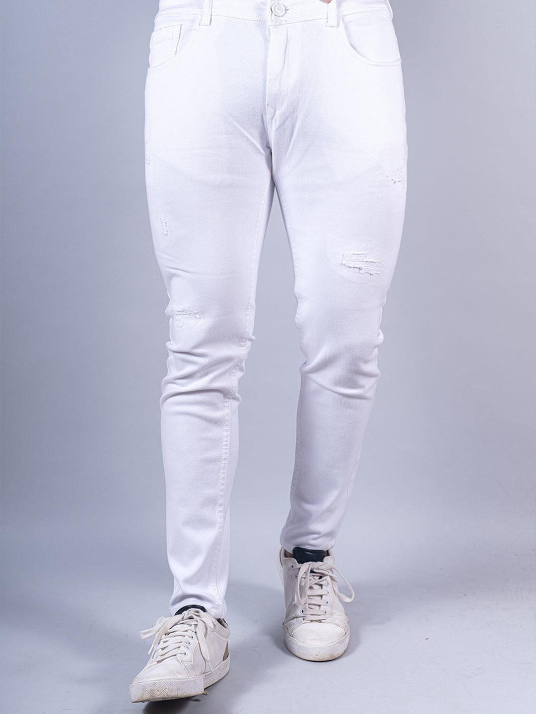 white distressed loose ankle stretchable mens jeans
