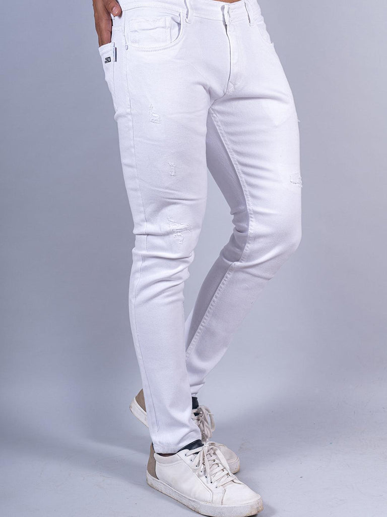 White Distressed Loose Ankle Stretchable Mens Jeans - Tistabene