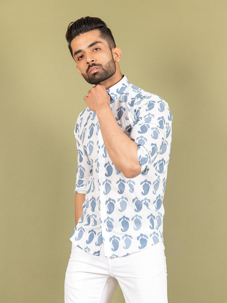 White and Blue Printed Cotton Shirt - Tistabene
