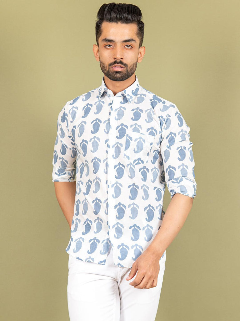 White and Blue Printed Cotton Shirt - Tistabene