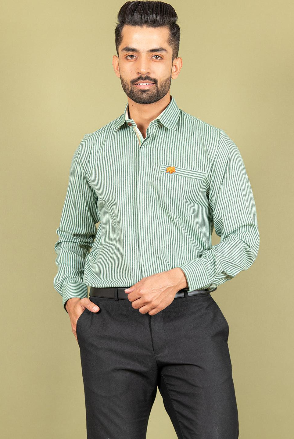 Green Stripes Shirt With Embroided Elephant - Tistabene
