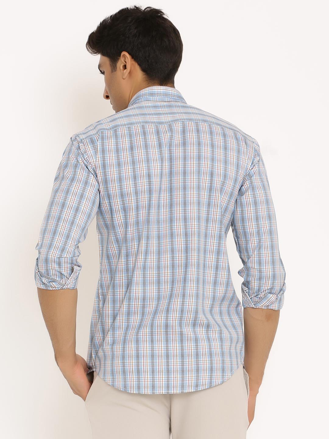 blue check shirt