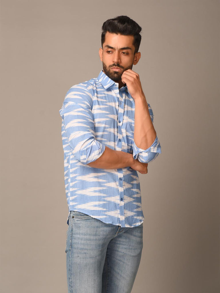 Light Blue Printed Cotton Shirt for Men