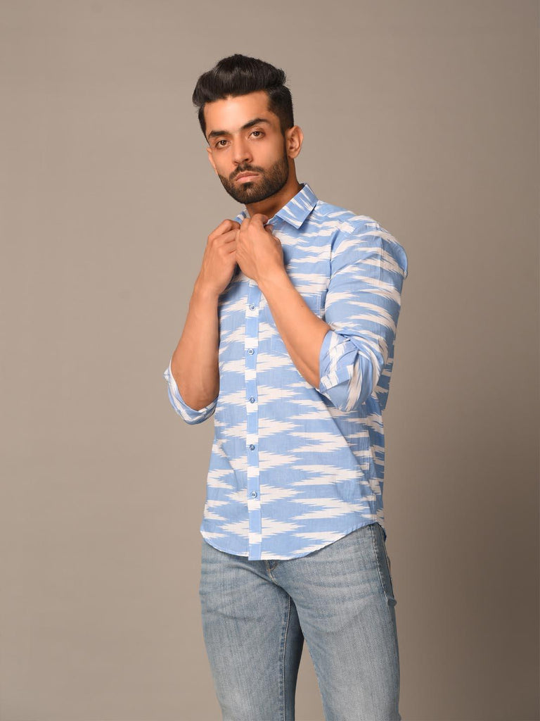 Light Blue Printed Cotton Shirt for Men
