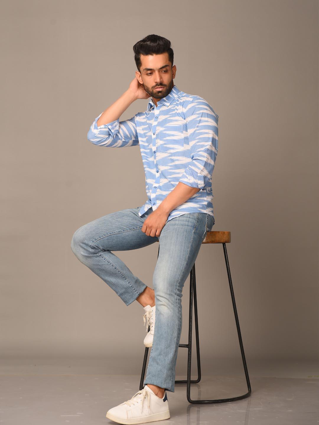 Buy Light Blue Ikat Printed Cotton Shirt Online At Best Prices | Tistabene