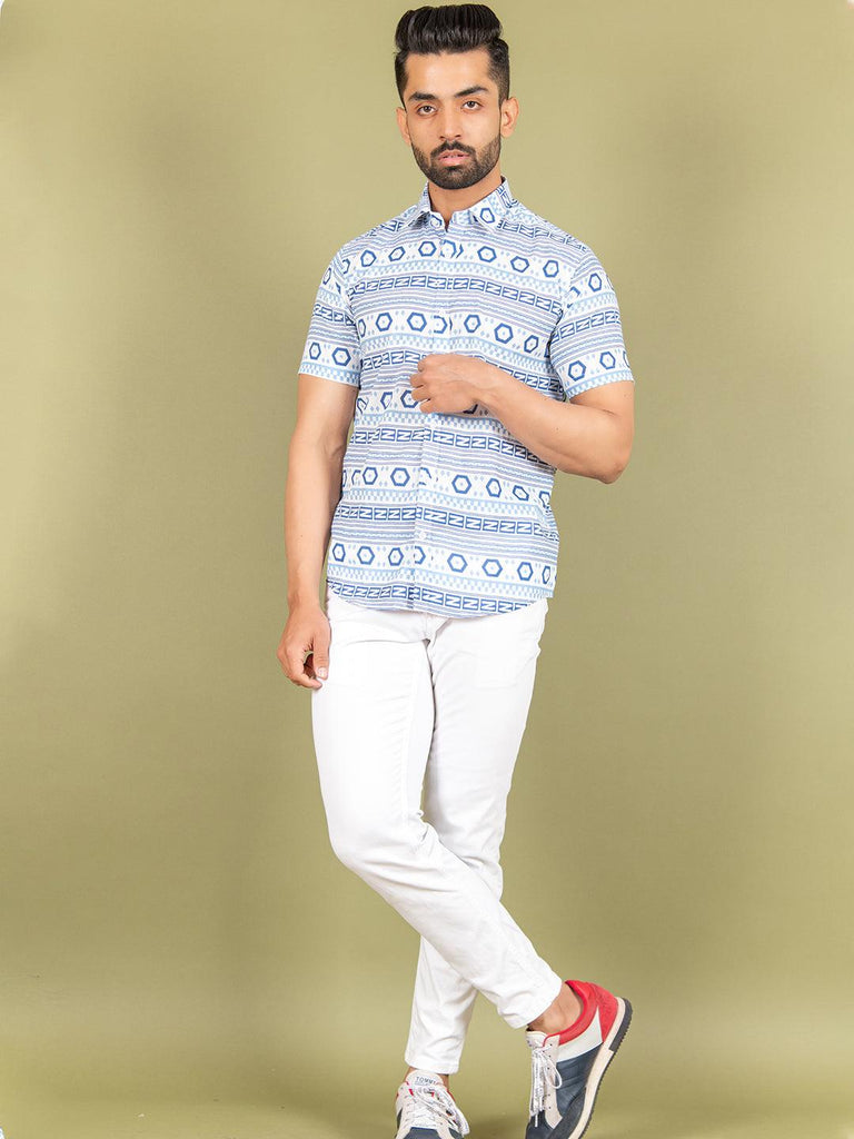 White and Blue graphic printed Cotton Half Shirt - Tistabene