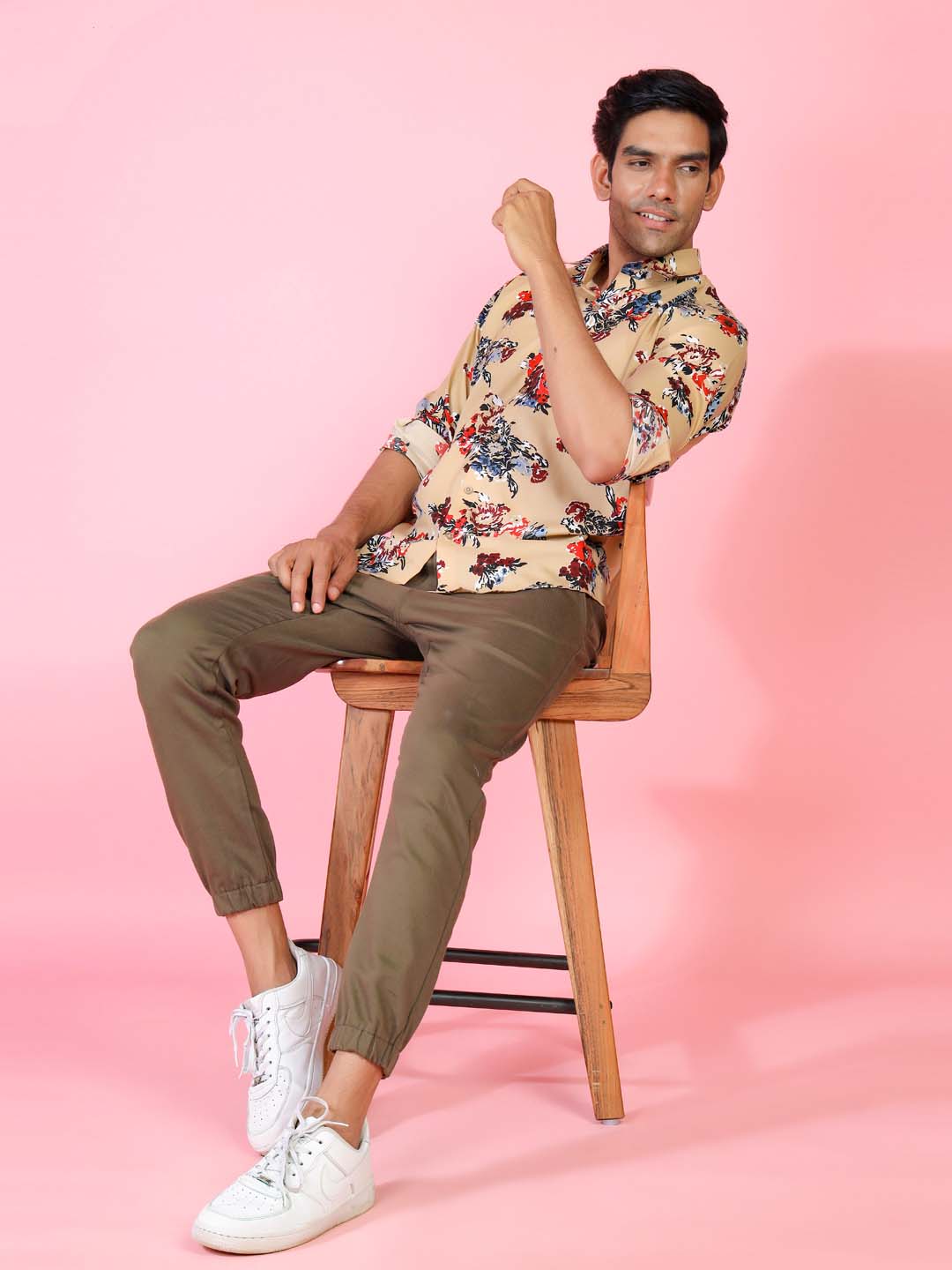 Beige Floral Printed Crepe Shirt