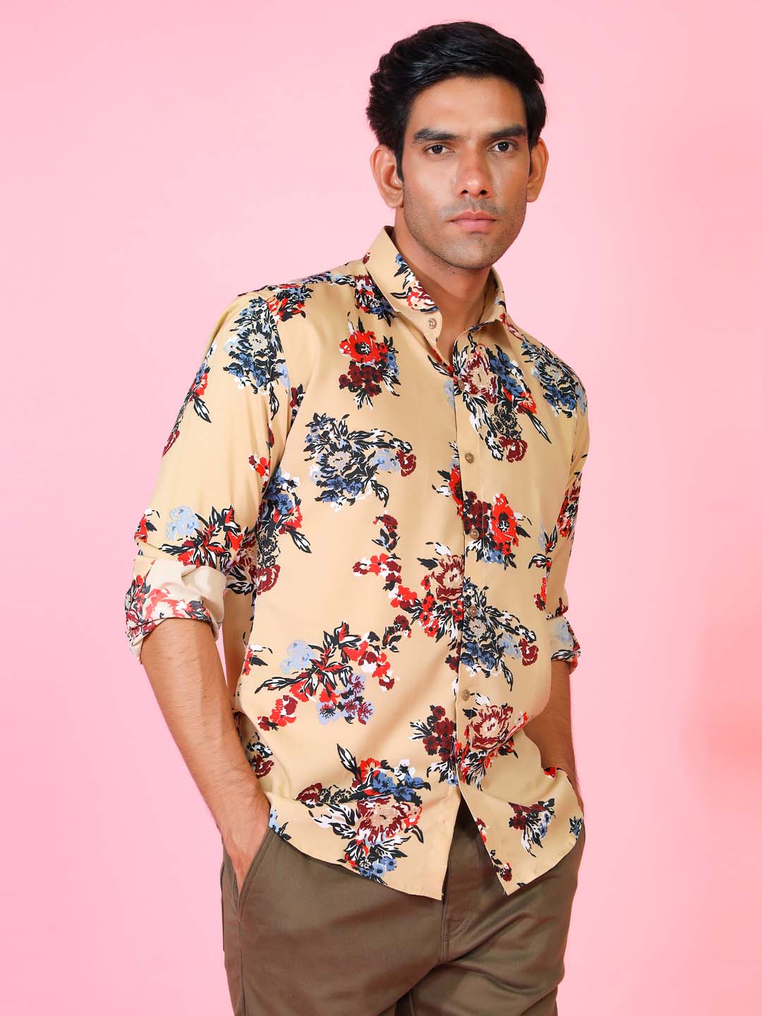 Beige Floral Printed Crepe Shirt