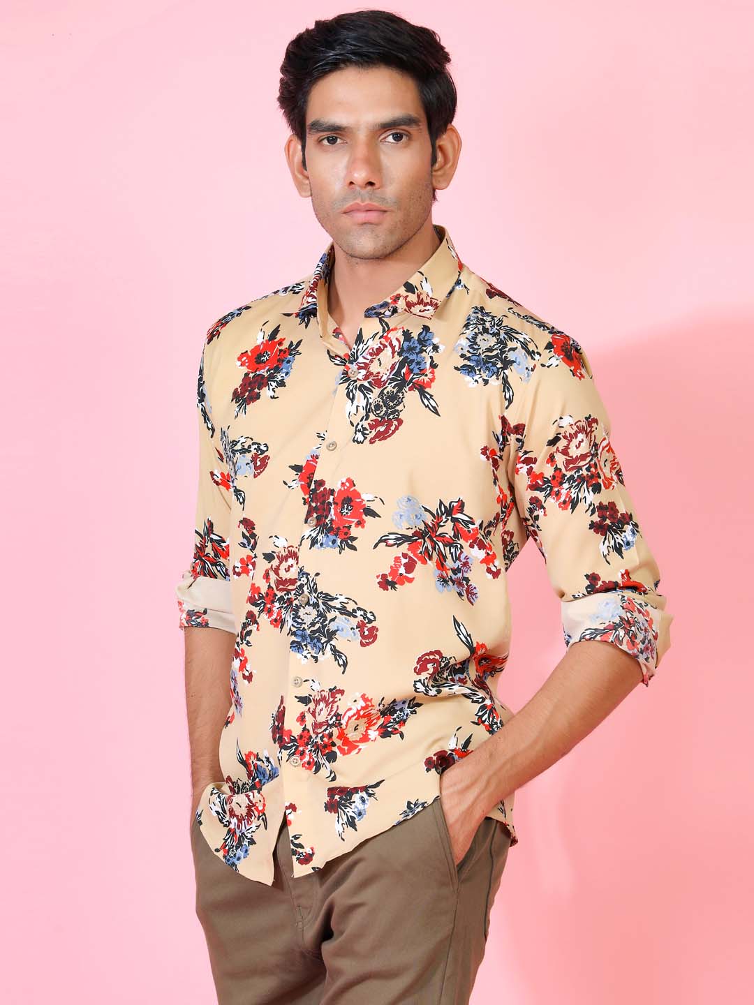 Beige Floral Printed Crepe Shirt