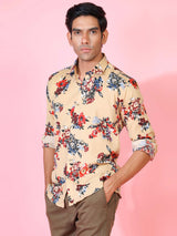 Beige Floral Printed Crepe Shirt