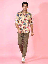 Beige Floral Printed Crepe Shirt