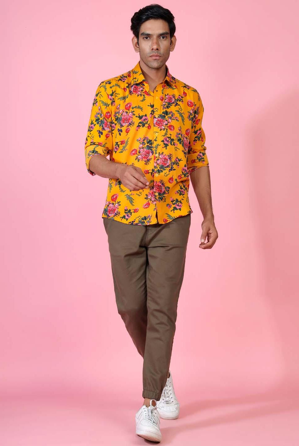 Yellow Floral Printed Crepe Shirt - Tistabene
