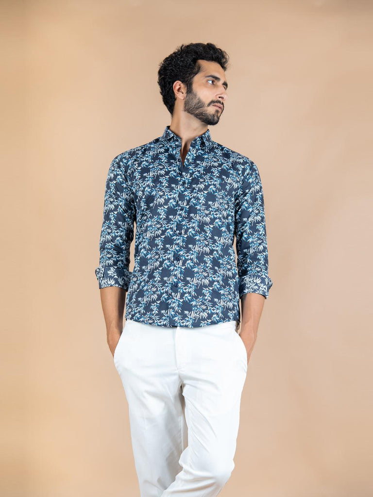 Navy Blue Flora Cotton Shirt - Tistabene