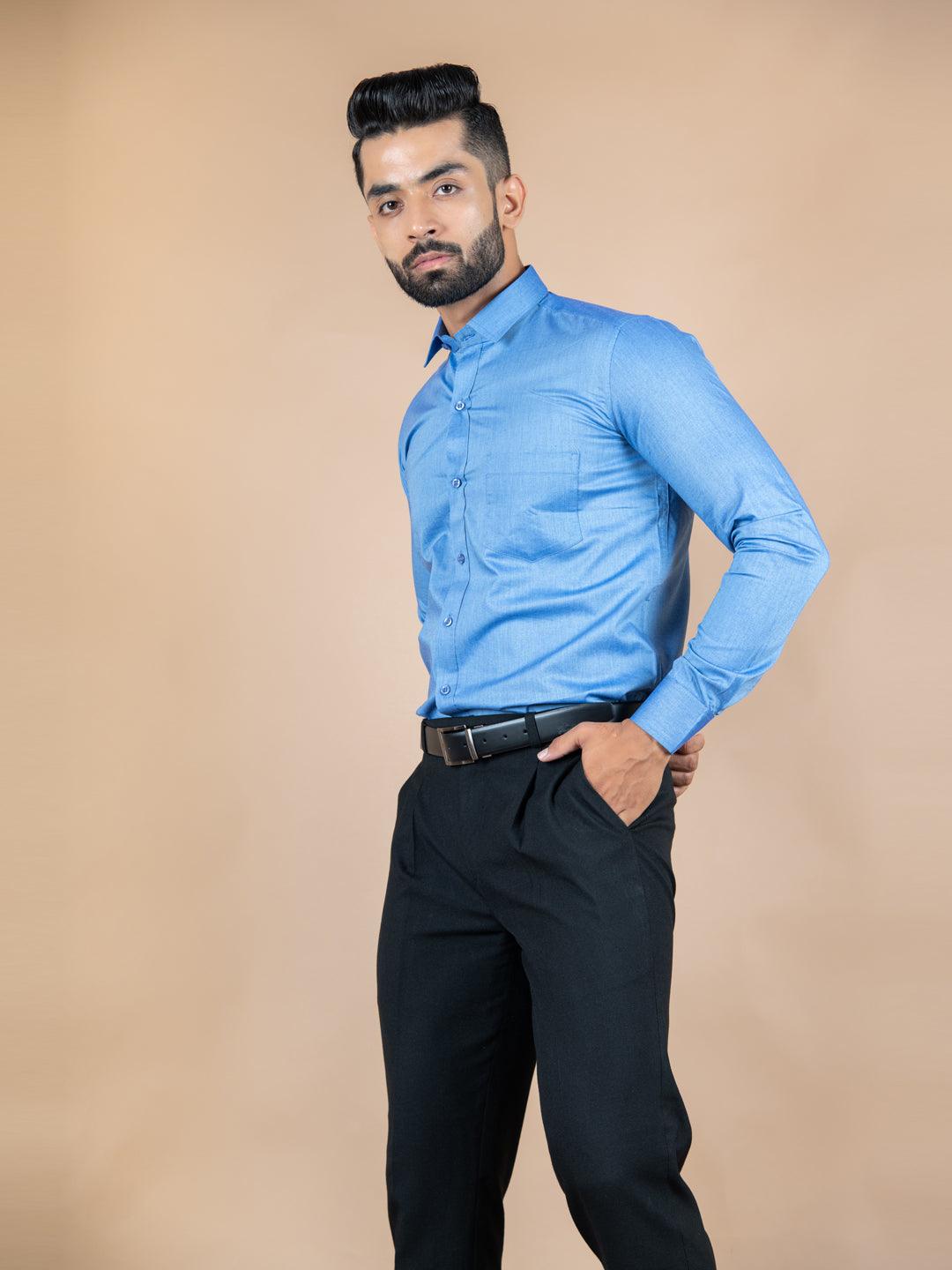 Blue Solid Cotton Shirt - Tistabene